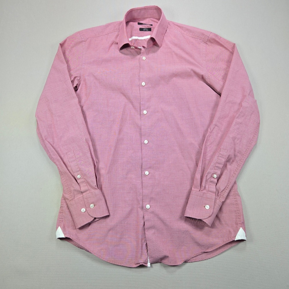 Hugo Boss Button Down Micro Check Slim Fit Easy Iron Pink Mens 37 14.5